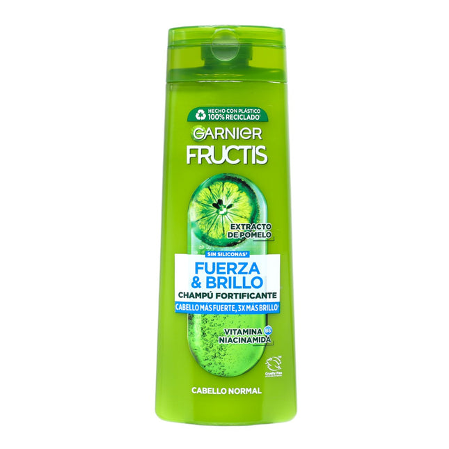 Garnier Fructis Fuerza & Brillo Champú Fortificante 380 ml – Cabello Normal, con Extracto de Pomelo, Vitamina B6 y Niacinamida, Sin Siliconas