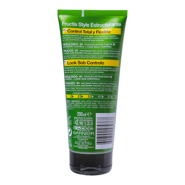 Garnier Fructis Style Gel Fijador de Pelo Estructurante Control Total y Flexible, Fijación Extra Fuerte 03 con Extracto de Bambú, 200 ml