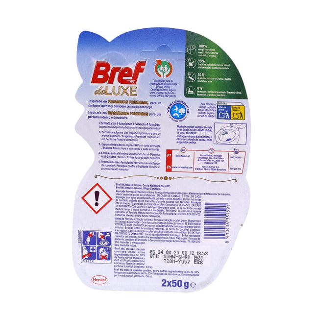 Bref WC deLuxe Jasmine – Cesta higiénica premium para inodoro, fragancia de jazmín, 4 funciones (espuma, limpieza, anti-cal y frescor) – Pack 2x50 g