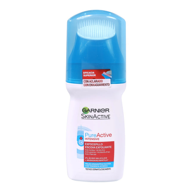 Garnier SkinActive Pure Active Intensive Exfocepillo – Limpiador Exfoliante 2% Ácido Salicílico + Arándano, piel grasa con acné, 150 ml