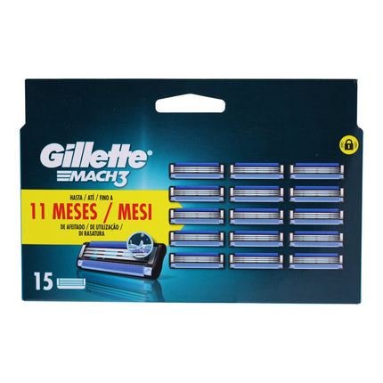 Gillette Mach3 Recambios de Afeitado para Hombre – 15 Cuchillas Originales, Hasta 11 Meses de Uso, Banda Lubricante, Compatible con Todas las Maquinillas Mach3