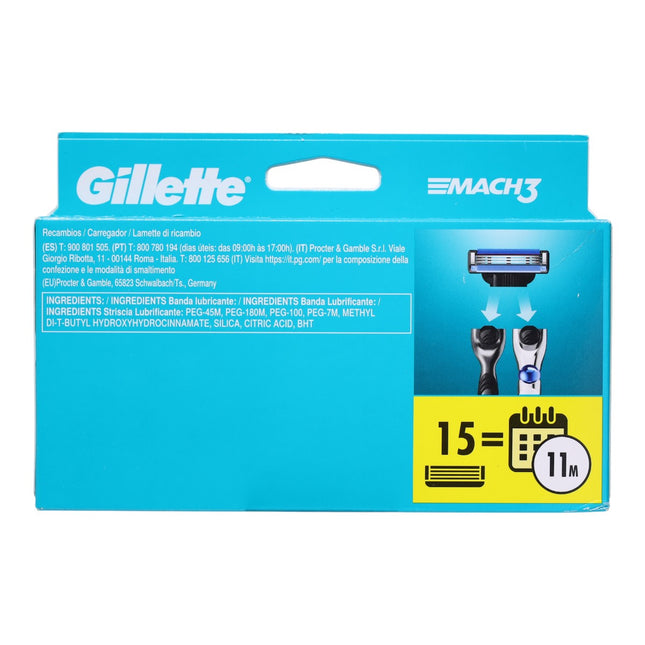 Gillette Mach3 Recambios de Afeitado para Hombre – 15 Cuchillas Originales, Hasta 11 Meses de Uso, Banda Lubricante, Compatible con Todas las Maquinillas Mach3
