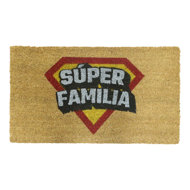 Felpudo de Coco Natural Antideslizante Diseño “Super Familia” 40x70 cm Alfombra de Entrada para Exterior e Interior