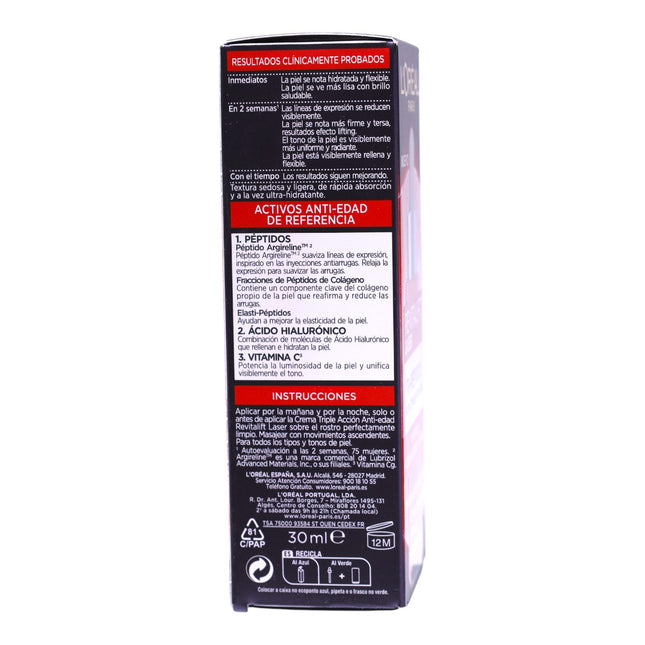 L’Oréal Paris Revitalift Laser Sérum Tri-Péptidos con Ácido Hialurónico + Vitamina C – Corrector Anti-Edad 30 ml