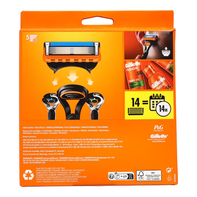 Gillette Fusion5 Recambios de Afeitado – Pack Ahorro 14 Cuchillas, 5 Hojas de Precisión, Compatible con Maquinillas Fusion5
