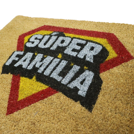 Felpudo de Coco Natural Antideslizante Diseño “Super Familia” 40x70 cm Alfombra de Entrada para Exterior e Interior