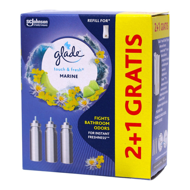 Glade Touch & Fresh Marine – Recambios ambientador de baño, Pack 3 (2+1 Gratis), neutraliza malos olores al instante, compatible con dispensador, 3×10 ml