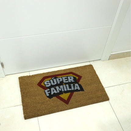 Felpudo de Coco Natural Antideslizante Diseño “Super Familia” 40x70 cm Alfombra de Entrada para Exterior e Interior