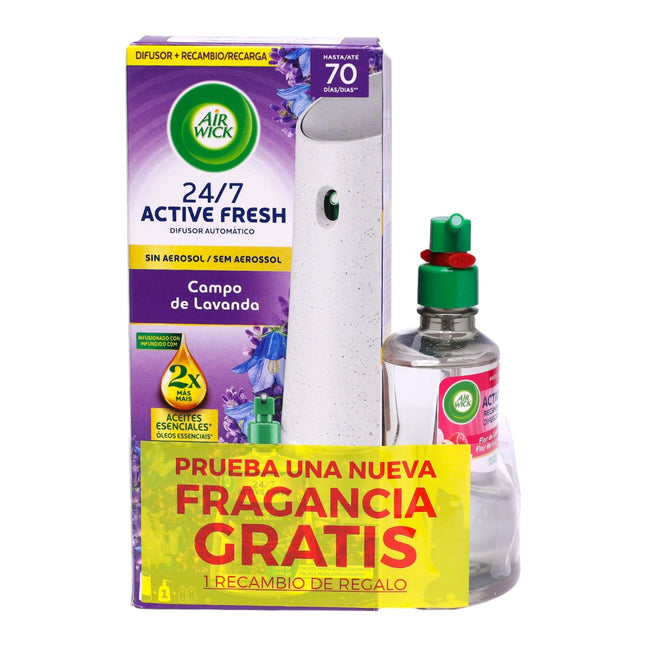 Air Wick 24/7 Active Fresh Campo de Lavanda 228 ml + Recambio Flor de Cerezo y Frambuesa 228 ml – Difusor Automático sin Aerosol