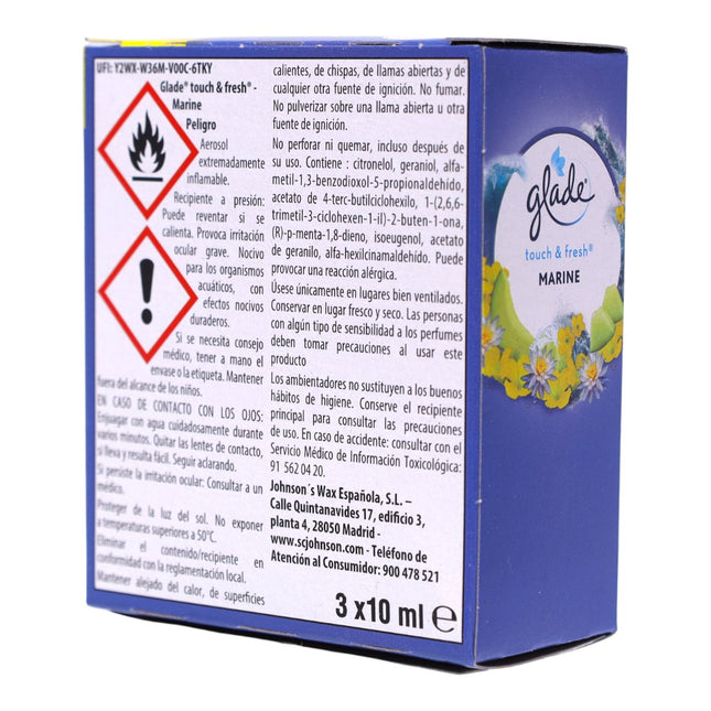 Glade Touch & Fresh Marine – Recambios ambientador de baño, Pack 3 (2+1 Gratis), neutraliza malos olores al instante, compatible con dispensador, 3×10 ml