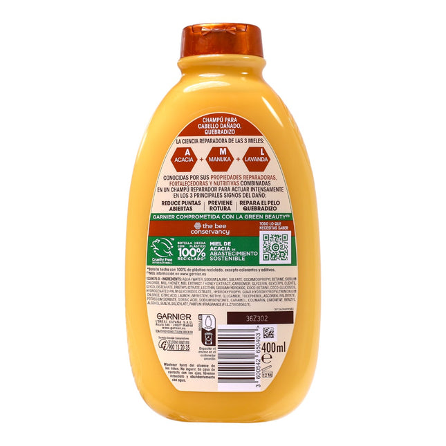 Garnier Original Remedies Champú Reparador Tesoros de Miel 400 ml – Cabello dañado y quebradizo, con miel de acacia, manuka y lavanda, 94% origen natural