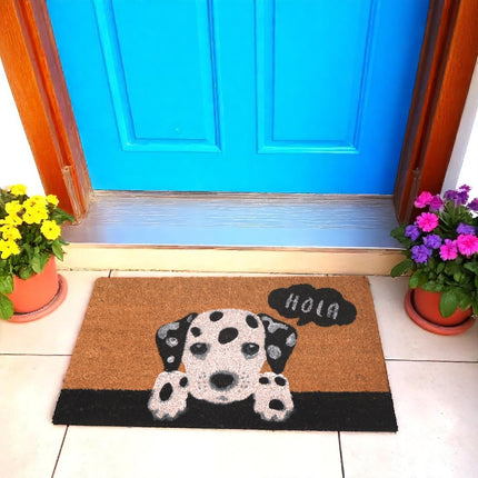 Felpudo de Animales 40x70 cm Diseño Perro Dálmata con Texto “Hola” Fibra de Coco Natural y Base Antideslizante Alfombra de Entrada para Exterior e Interior
