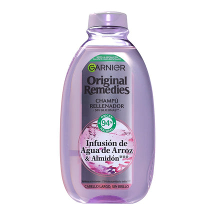 Garnier Original Remedies Champú Rellenador Infusión de Agua de Arroz & Almidón, sin siliconas, 94% origen natural, ideal para cabello largo sin brillo, 400 ml