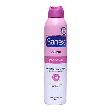 Sanex Dermo Invisible Desodorante Antitranspirante 250 ml – Protección 24 h sin marcas en ropa blanca o negra, 0 % alcohol, pH balanceado, dermatológicamente testado