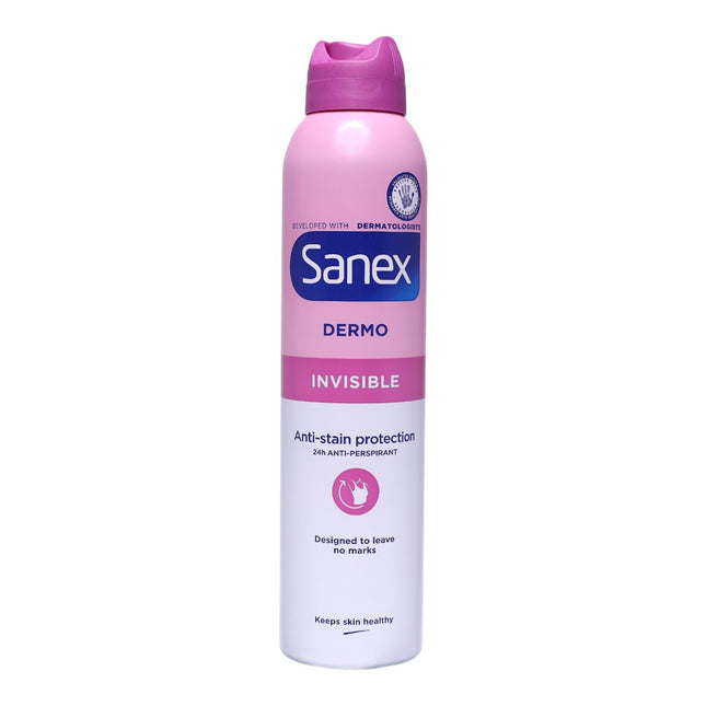 Sanex Dermo Invisible Desodorante Antitranspirante 250 ml – Protección 24 h sin marcas en ropa blanca o negra, 0 % alcohol, pH balanceado, dermatológicamente testado