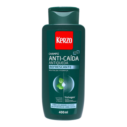 Kerzo Champú Anti-Caída Refrescante con Trichogen, Ácido Salicílico y Mentol – Cabello Graso con Caída – 400 ml