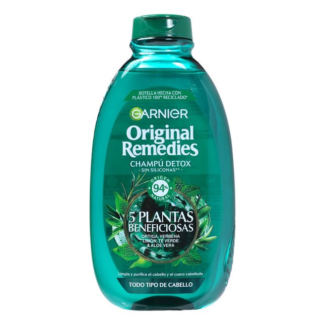 Garnier Original Remedies Champú Detox 5 Plantas Beneficiosas 400 ml | Sin Siliconas | Ortiga Verbena Limón Té Verde Aloe Vera | Para Todo Tipo de Cabello