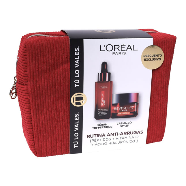 L’Oréal Paris Revitalift Laser Rutina Anti-Arrugas – Sérum Tri-Péptidos 30 ml + Crema de Día 50 ml SPF25 con Vitamina C y Ácido Hialurónico en Neceser Rojo