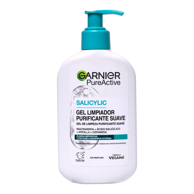 Garnier PureActive Gel Limpiador Purificante Suave 250 ml, Limpiador Facial con Ácido Salicílico, Niacinamida, Arcilla y Ceramida, Sin Perfume