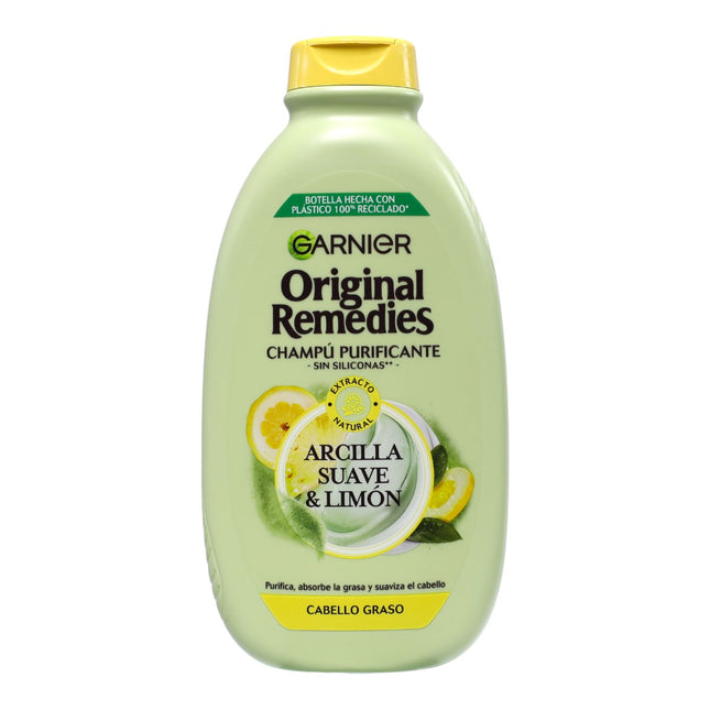 Garnier Original Remedies Champú Purificante Arcilla Suave & Limón, Cabello Graso, Sin Siliconas, 94% Origen Natural, 400 ml