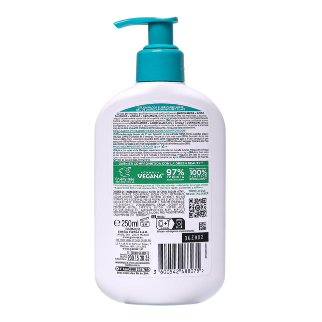 Garnier PureActive Gel Limpiador Purificante Suave 250 ml, Limpiador Facial con Ácido Salicílico, Niacinamida, Arcilla y Ceramida, Sin Perfume