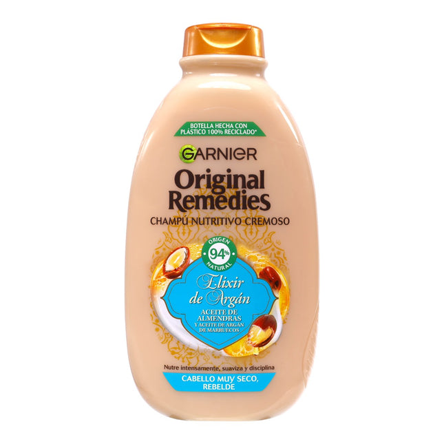 Garnier Original Remedies Champú Nutritivo Cremoso Elixir de Argán con Aceite de Almendras, Cabello Muy Seco y Rebelde, 94% Origen Natural, 400 ml