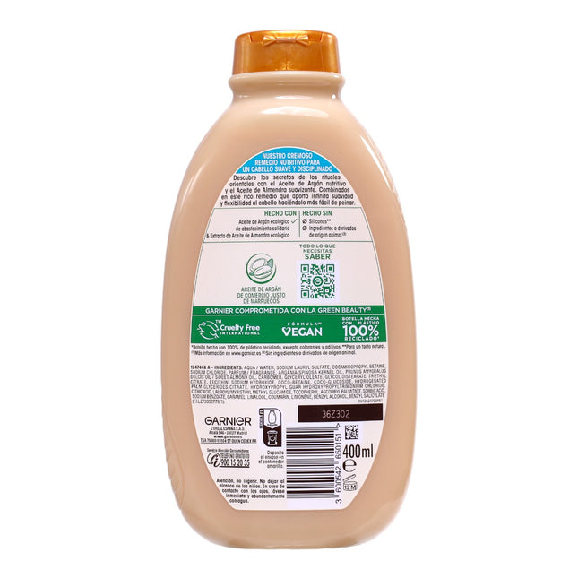 Garnier Original Remedies Champú Nutritivo Cremoso Elixir de Argán con Aceite de Almendras, Cabello Muy Seco y Rebelde, 94% Origen Natural, 400 ml