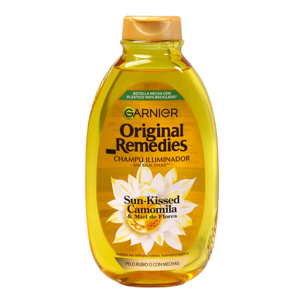 Garnier Original Remedies Champú Iluminador Sun-Kissed Camomila & Miel de Flores, 400 ml – Cabello Rubio o con Mechas, Sin Siliconas, 94% origen natural