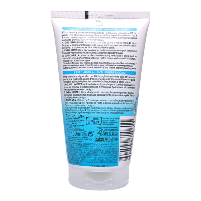 Garnier SkinActive Pure Active 3 en 1 Arcilla – Limpiador, Exfoliante y Mascarilla Anti-Imperfecciones con Ácido Salicílico, 150 ml