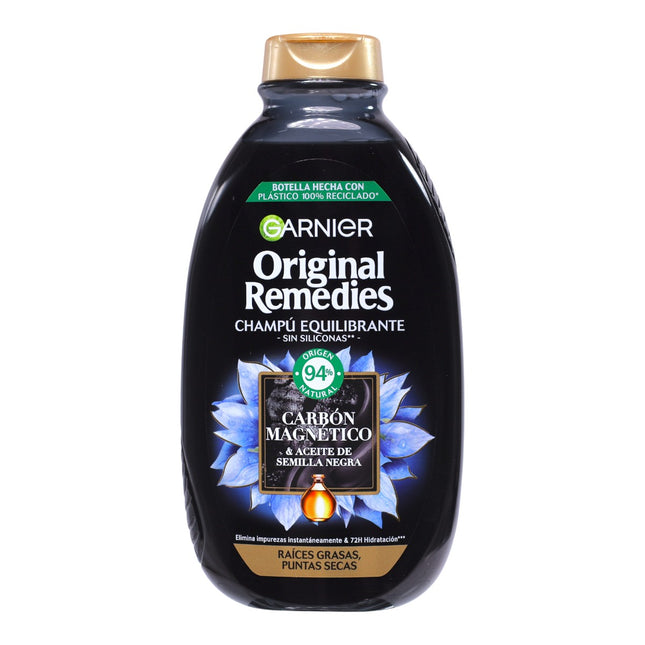 Garnier Original Remedies Champú Equilibrante Carbón Magnético & Aceite de Semilla Negra 400 ml | Raíces Grasas y Puntas Secas | 94% Origen Natural, Sin Siliconas