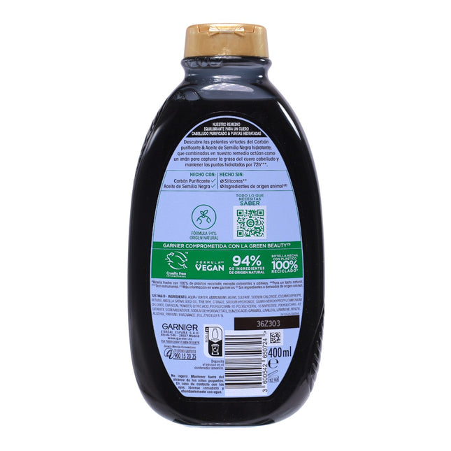 Garnier Original Remedies Champú Equilibrante Carbón Magnético & Aceite de Semilla Negra 400 ml | Raíces Grasas y Puntas Secas | 94% Origen Natural, Sin Siliconas