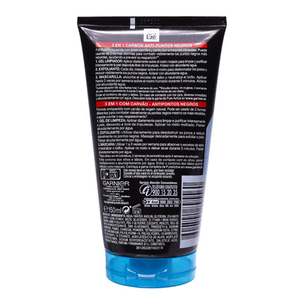 Garnier SkinActive Pure Active 3 en 1 Carbón – Limpiador, Exfoliante y Mascarilla Antipuntos Negros con Ácido Salicílico 150 ml