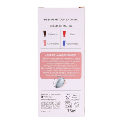 Eudermin Lab Crema de Manos Antimanchas con Niacinamida – Hidratación Plus y Unificación del Tono | Tratamiento Dermatológicamente Testado 75 ml