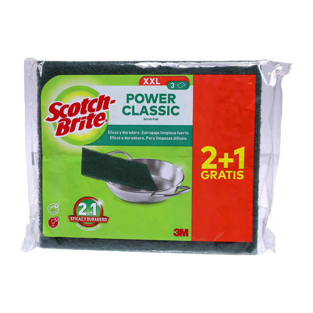 Scotch-Brite Power Classic XXL 2+1 Gratis – Estropajo Fuerte de Limpieza 3M, 2 en 1 Eficaz y Duradero, Ideal para Ollas, Sartenes y Parrillas