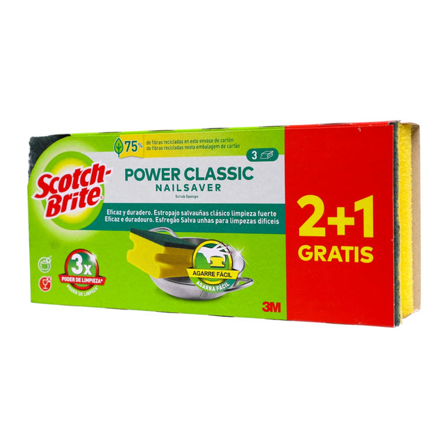 Scotch-Brite Power Classic Nailsaver 2+1 Gratis – Estropajo Salvaúñas de Limpieza Fuerte 3M, Agarre Fácil, Eficaz y Duradero, Ideal para Ollas y Sartenes