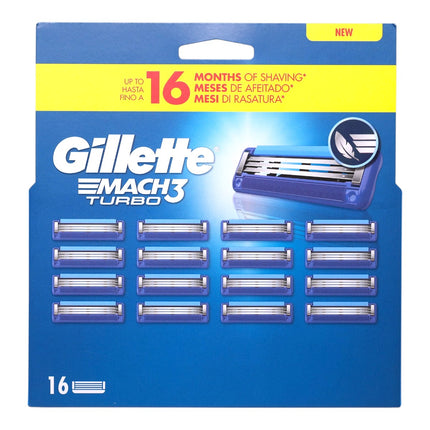 Gillette Mach3 Turbo Recambios de Afeitado Hombre, 16 Cabezales, Compatibles con Mangos Mach3, 3 Hojas, Banda de Gel Lubricante Mejorada