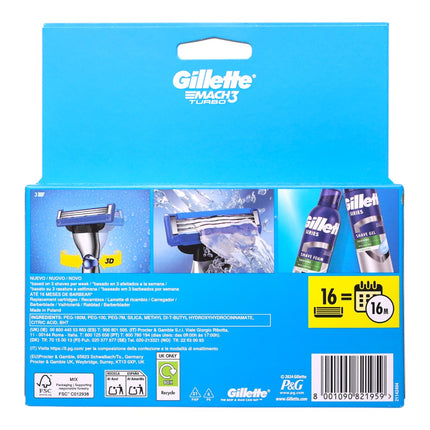 Gillette Mach3 Turbo Recambios de Afeitado Hombre, 16 Cabezales, Compatibles con Mangos Mach3, 3 Hojas, Banda de Gel Lubricante Mejorada