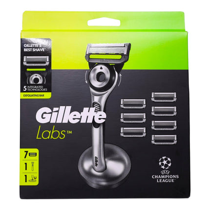 Gillette Labs Maquinilla de Afeitar Hombre con Barra Exfoliante, 7 Recambios, Base Magnética y Soporte, 5 Tecnologías Integradas, Afeitado Suave y Apurado, Compatible con Recambios Gillette Labs