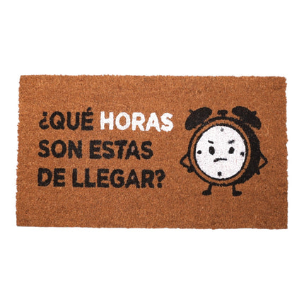 Felpudo Coco “¿Qué horas son estas de llegar?” – 70×40 cm – Fibra de coco natural con base antideslizante PVC | Alfombrilla entrada interior/exterior protegido