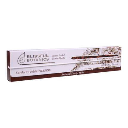 Blissful Botanics Pack de 6 cajas de 8 palitos de Incienso Earthy Frankincense, Varillas Aromáticas Artesanales con Hierbas Reales, Aroma Incienso Terroso, Smudge Sticks de Larga Duración para Hogar
