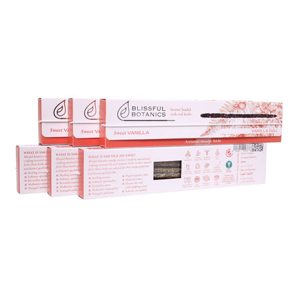 Blissful Botanics Pack de 6 cajas de 8 palitos de Incienso Sweet Vanilla, Varillas Aromáticas Artesanales con Hierbas Reales, Aroma Vainilla Dulce, Incienso de Larga Duración para Hogar y Ambiente