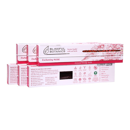Blissful Botanics Pack de 6 cajas de 8 palitos de Incienso Enchanting Rose, Varillas Aromáticas Artesanales con Hierbas Reales, Aroma Rosa Encantadora, Incienso de Larga Duración para Hogar y Ambiente
