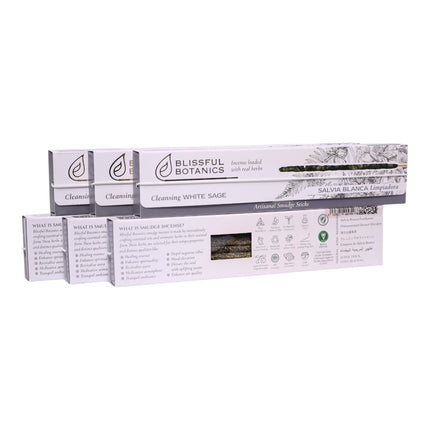 Blissful Botanics Pack de 6 cajas de 8 palitos de Incienso Cleansing White Sage, Varillas Aromáticas Artesanales con Hierbas Reales, Aroma Salvia Blanca Limpiadora, Incienso de Larga Duración para Hogar y Ambiente