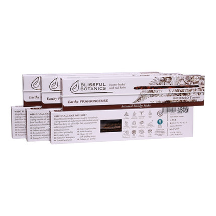 Blissful Botanics Pack de 6 cajas de 8 palitos de Incienso Earthy Frankincense, Varillas Aromáticas Artesanales con Hierbas Reales, Aroma Incienso Terroso, Smudge Sticks de Larga Duración para Hogar