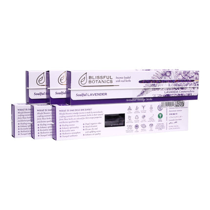 Blissful Botanics Pack de 6 cajas de 8 palitos de Incienso Soulful Lavender, Varillas Aromáticas Artesanales con Hierbas Reales, Aroma Lavanda Conmovedora, Smudge Sticks de Larga Duración para Hogar