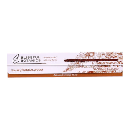 Blissful Botanics Pack de 6 cajas de 8 palitos de Incienso Soothing Sandalwood, Varillas Aromáticas Artesanales con Hierbas Reales, Aroma Sándalo Calmante, Smudge Sticks de Larga Duración para Hogar