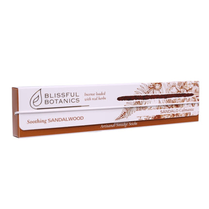 Blissful Botanics Pack de 6 cajas de 8 palitos de Incienso Soothing Sandalwood, Varillas Aromáticas Artesanales con Hierbas Reales, Aroma Sándalo Calmante, Smudge Sticks de Larga Duración para Hogar