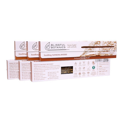 Blissful Botanics Pack de 6 cajas de 8 palitos de Incienso Soothing Sandalwood, Varillas Aromáticas Artesanales con Hierbas Reales, Aroma Sándalo Calmante, Smudge Sticks de Larga Duración para Hogar