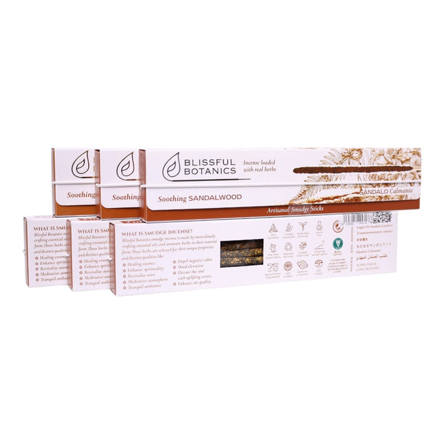 Blissful Botanics Pack de 6 cajas de 8 palitos de Incienso Soothing Sandalwood, Varillas Aromáticas Artesanales con Hierbas Reales, Aroma Sándalo Calmante, Smudge Sticks de Larga Duración para Hogar