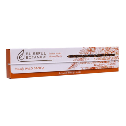 Blissful Botanics Pack de 6 cajas de 8 palitos de Incienso Woody Palo Santo, Varillas Aromáticas Artesanales con Hierbas Reales, Aroma Palo Santo Amaderado, Smudge Sticks de Larga Duración para Hogar